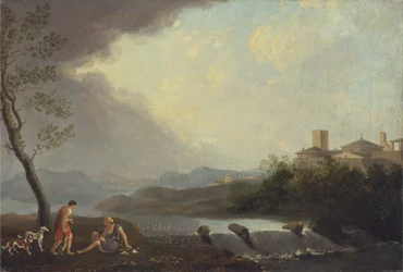 Eine imaginäre italienische Landschaft mit klassischen Figuren und einem Wasserfall